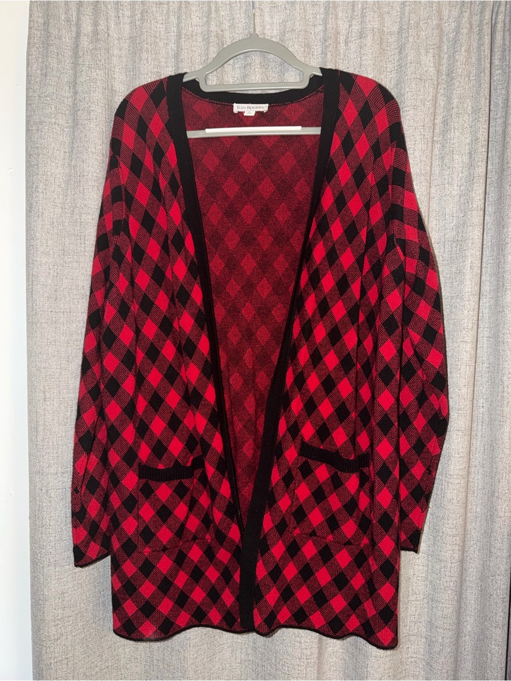 Kim Rogers Red and Black Argyle Open-Front Cardigan Sweater - Woman